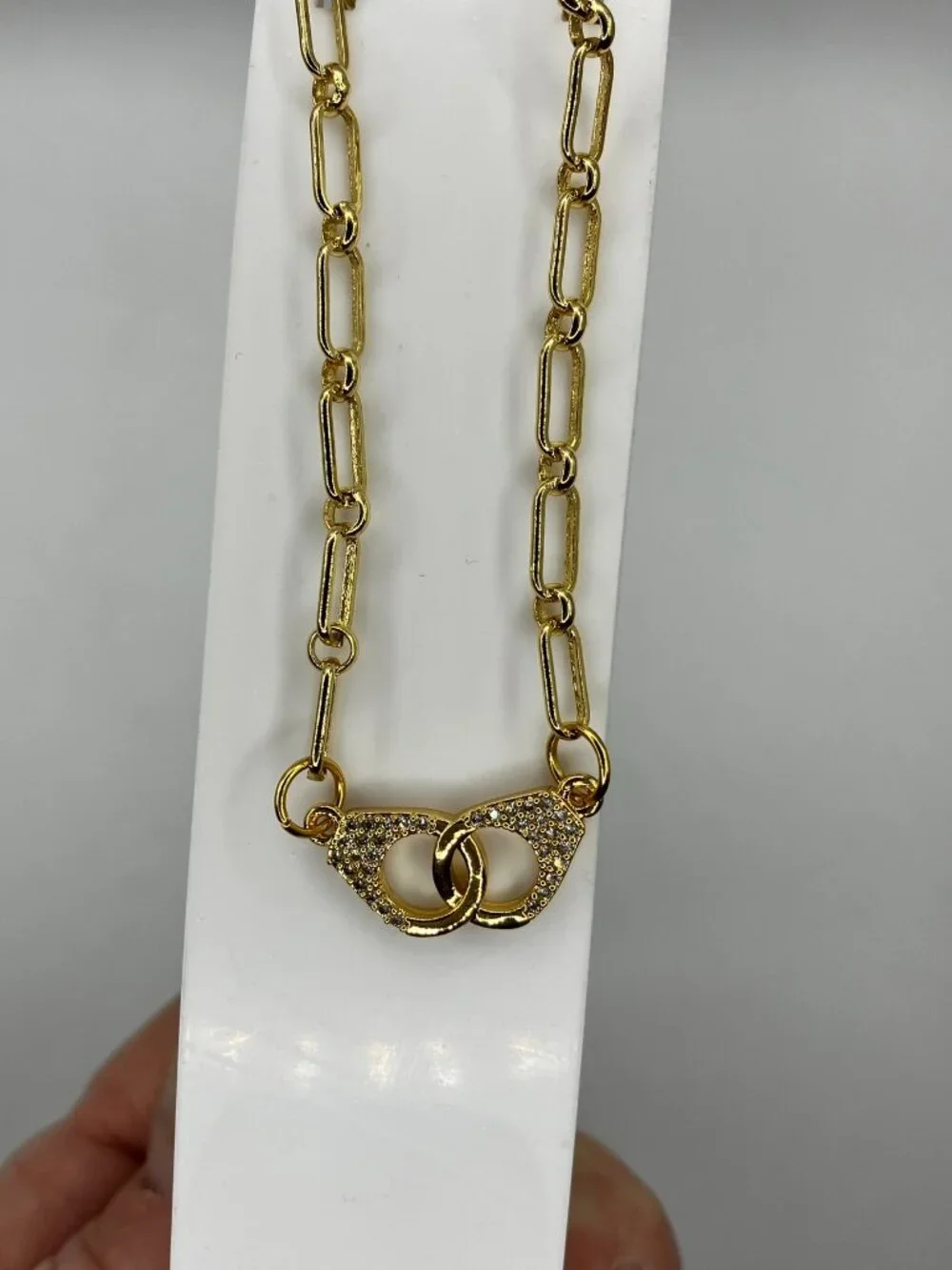Unique Real 18k Gold over Brass Paperclip Chain + Hand cuffs Pendant 18-in NEW